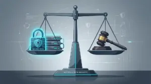 Balance scale with tech and law